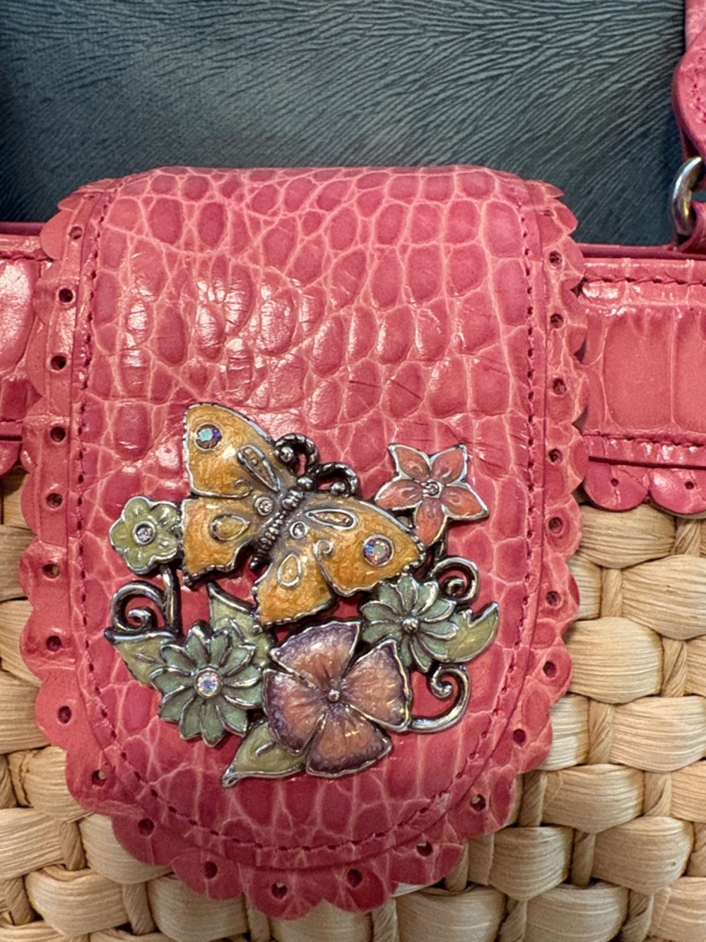 Brighton Pink Trim Woven Tote with Butterfly Charm - Picture 2 of 12